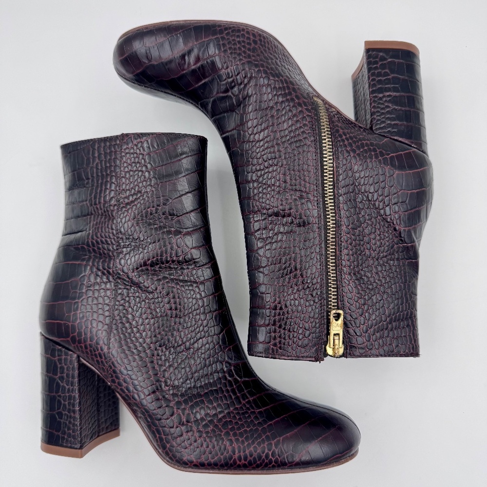 EUC J. Crew Stamped Croc Zip Women's Brown Leather Ankle Booties - Size‎ 5.5